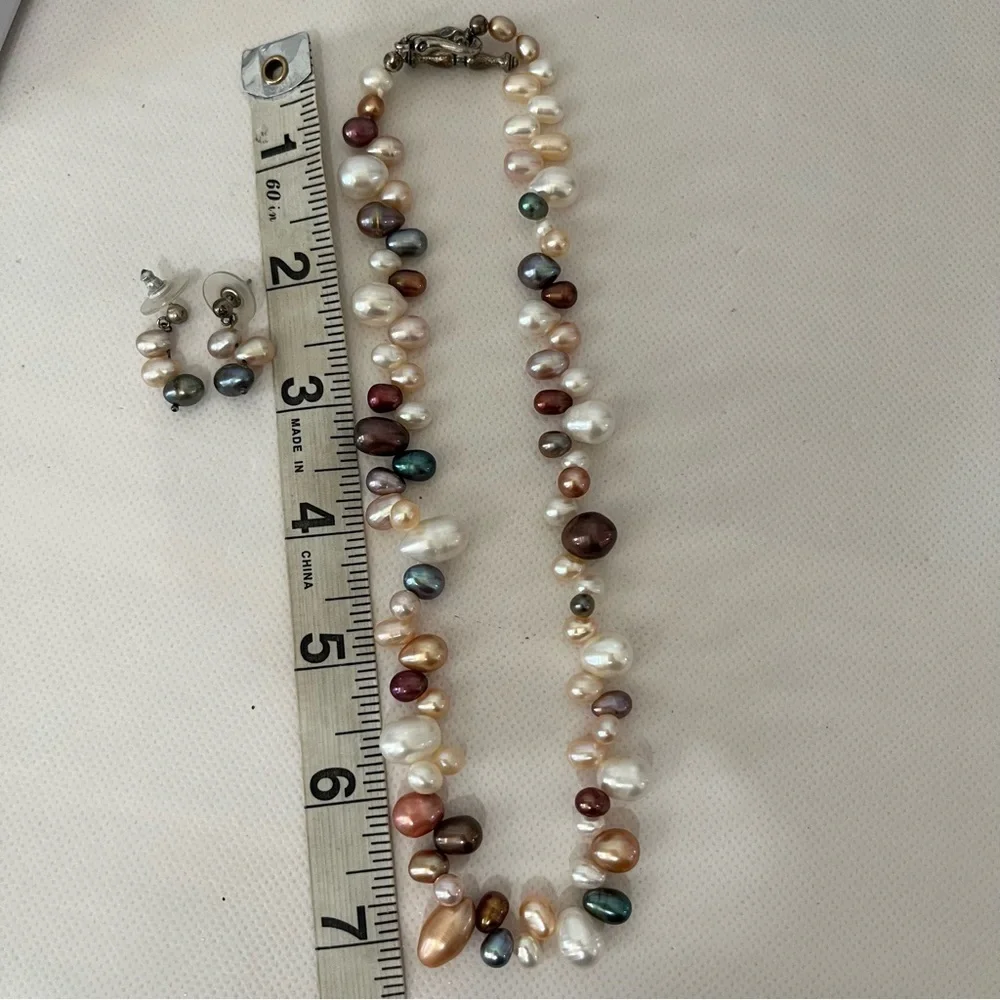 Beautiful Colorful Pearls Necklace & Earrings Set 925 Clasp